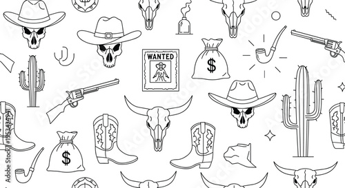Seamless pattern with wild west elements features cowboy hats, skulls, guns, cactus, and money bags in black and white.