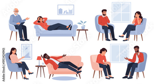 Collection of scenes depicts individuals in various therapeutic settings talking to professional counselors and psychiatrists.