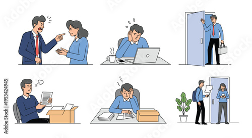 Illustrations of various stressful office situations show employees dealing with conflict, fatigue, and heavy workloads.