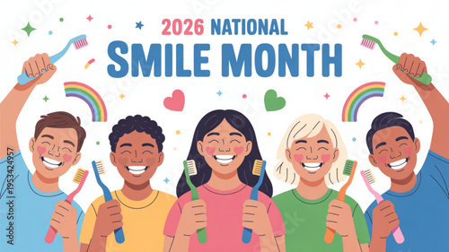 Diverse group of smiling people holding toothbrushes for 2026 national smile month