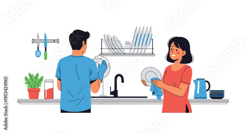 Young man and woman work together in a bright kitchen to wash, dry, and put away dishes after a meal.