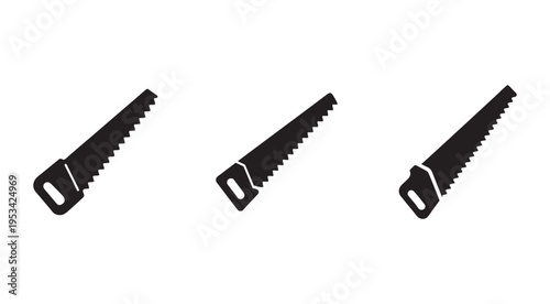 Three identical black hand saws with handle and serrated blade on white background  tool icons