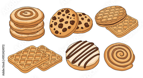 Assorted delicious cookies including chocolate chip, waffle, and cinnamon rolls are displayed for a sweet treat.