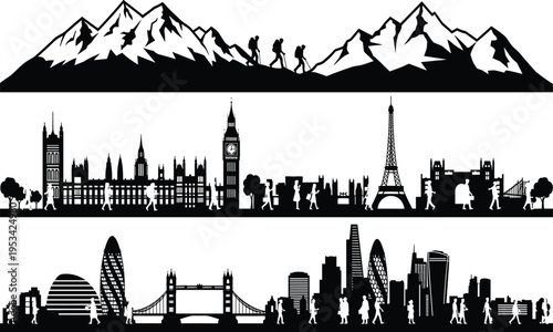 Mountain hiking silhouettes, European landmarks, Eiffel Tower, Big Ben, modern cityscape, urban architecture, pedestrians, travel exploration, tourism design, adventure illustration