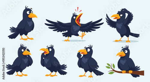 Collection of cartoon crow characters showing different moods and actions such as thinking, flying, and shouting.