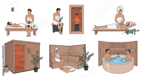 Illustration of people enjoying various spa and sauna facilities including steam rooms, massages, and hot tubs.
