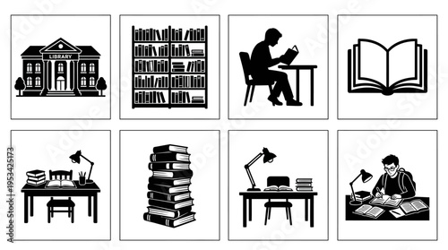 Library Icons for Study, Reading, and Educational Environments
