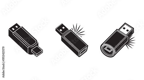 Usb flash drives in different positions and states  various usb drives on white background