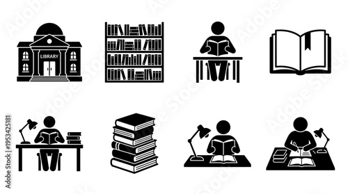 Library Icons for Study, Reading, and Educational Environments
