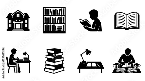 Library Icons for Study, Reading, and Educational Environments