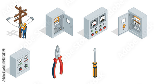 Isometric icons of electrical maintenance equipment including a repairman on a pole, control panels, and tools.
