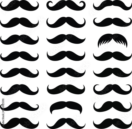 Pattern of various black moustaches on grey transparent background vector illustration
