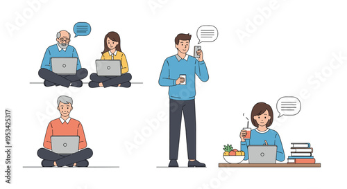 Diverse people using technology in various settings including a senior with a laptop and a woman working at a desk.