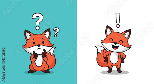 Cute cartoon fox depicted in two scenes showing confusion with question marks and enlightenment with an exclamation.