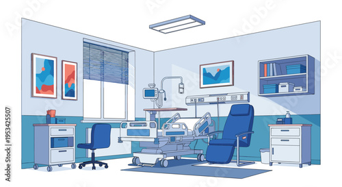 Detailed illustration of a modern and clean hospital room equipped with a patient bed, chair, and medical monitors.