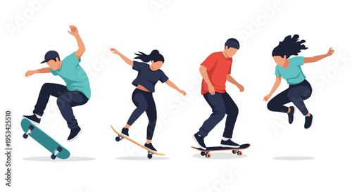 Set of skateboarders performing various stunts and jumps showing movement and athletic skill in a flat style.