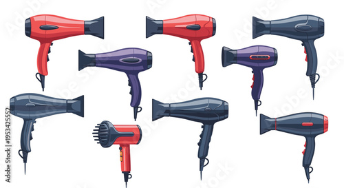 Selection of modern hair dryers in different colors and styles for hair care and professional salon use.