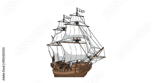 Detailed illustration of a majestic historical sailing ship with large white sails against a plain white background.