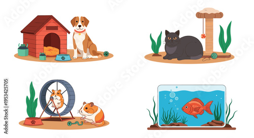 Collection of common domestic pets including a dog by a doghouse, a cat on a scratching post, hamsters in a wheel, and a goldfish in a bowl.