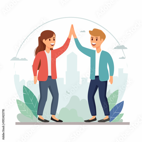 Two happy people giving a high five in front of a city skyline, symbolizing success and teamwork in a modern environment