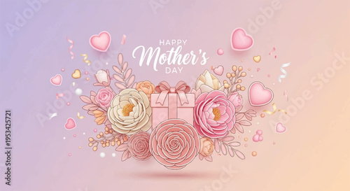 Happy mother's day greeting card with pink and white roses pastel balloons and confetti on soft gradient background