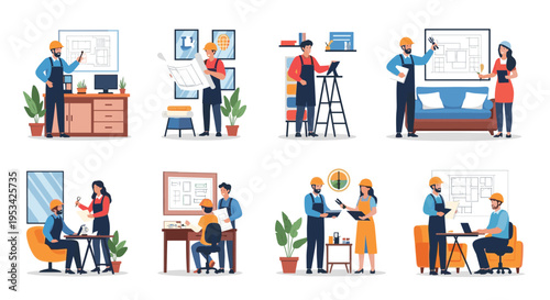 Group of professional engineers and architects in hard hats discussing blueprints and working on construction projects in various office settings.