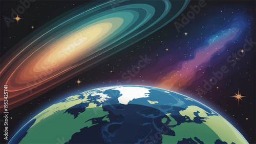 Panoramic view of planet earth from space with vibrant rings and stars in the cosmos background