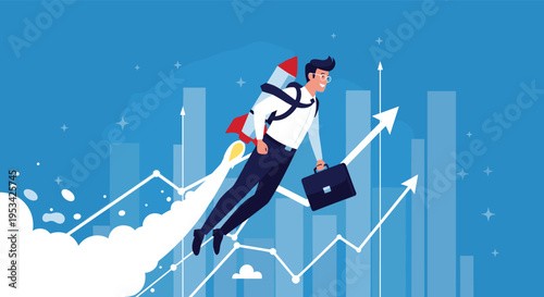 Successful businessman with a rocket jetpack flying upward over rising financial stock market charts representing career growth and business success.