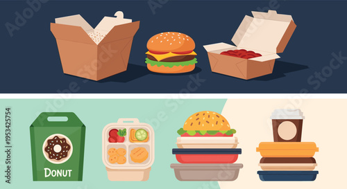 Assorted fast food takeout packaging including burger boxes, donut bag, lunch containers, and coffee cup stacked on different backgrounds.