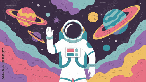 Astronaut exploring colorful universe with planets and stars wearing white spacesuit waving hand in space