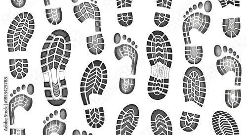 Seamless pattern texture featuring a dense collection of different human footprints and shoe sole tread marks in grayscale.