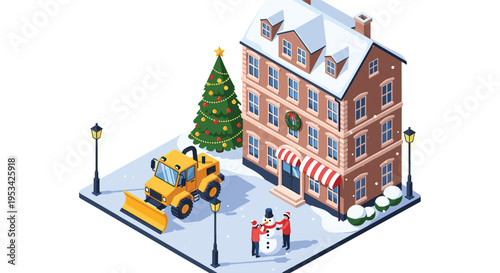 Isometric winter scene of a snow-covered town building with people building a snowman and a yellow snowplow truck clearing the street.