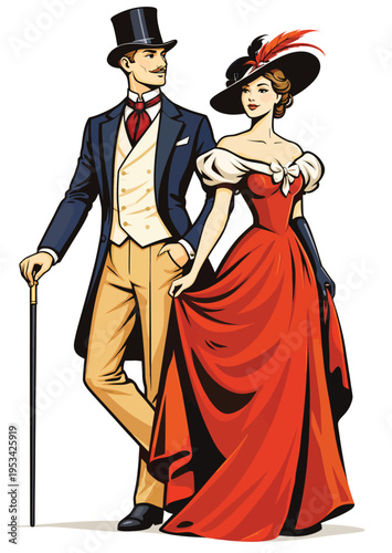 074-17-Victorian couple dressed in vintage gala attire on a white background