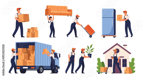 Professional movers in overalls transporting a sofa, refrigerator, and many cardboard boxes using dollies and a moving truck.