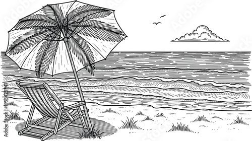 Black and white line of a palm tree and a bird flying over the sea line palm tree