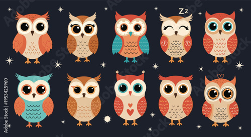 Set of adorable cartoon owls in various colors and patterns perched under a starry night sky with different eye expressions.