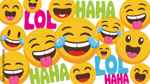 Collection of laughing emojis with lol and haha text on white background expressing joy and humor