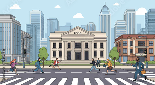Busy urban scene with many business people in suits running across a crosswalk toward a classical style bank building.