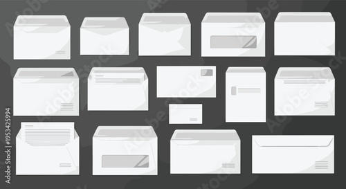 Collection of different white paper envelopes including business, windowed, open, and closed formats on a dark background.