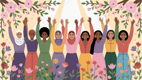 Diverse women celebrating with raised arms in colorful floral outfits symbolizing unity and joy surrounded by vibrant flowers and leaves on a bright background