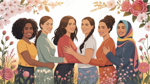 Diverse women in colorful outfits standing together in unity and solidarity surrounded by vibrant flowers and foliage conveying friendship and support