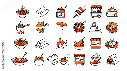 Korean Street Food Tteokbokki Icon Set in Line Style. A collection of linear icons representing spicy snacks, including rice cake, stall, skewer, sauce, dumpling, snack, and more. Editable stroke.