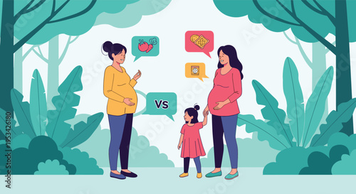 Two pregnant women in a park talking about nutrition with speech bubbles showing healthy vegetables versus unhealthy snacks.