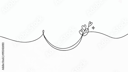 Minimalist continuous line drawing of a sprouting plant with leaves and a plus sign on a wavy line symbolizing growth and positivity in a simple black and white design