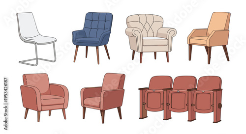 Assorted furniture collection featuring various styles of chairs and armchairs including modern, classic, and cinema theater seating.