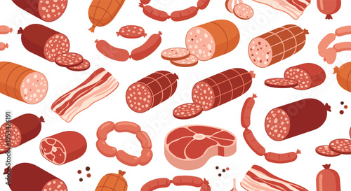 Collection of assorted sausages, salami slices, bacon strips, and fresh meat steaks arranged in a seamless pattern on a white background.