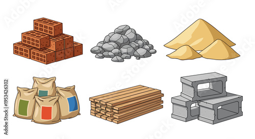Set of common construction and building materials including bricks, stones, sand piles, cement bags, wooden planks, and concrete blocks.