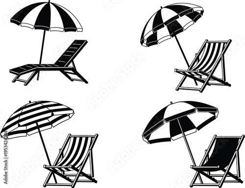 Black and white line of four different types of chairs with geometric patterns line chair furniture