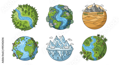Collection of stylized Earth globes representing different biomes such as forests, rivers, deserts, oceans, and polar ice caps with animals.
