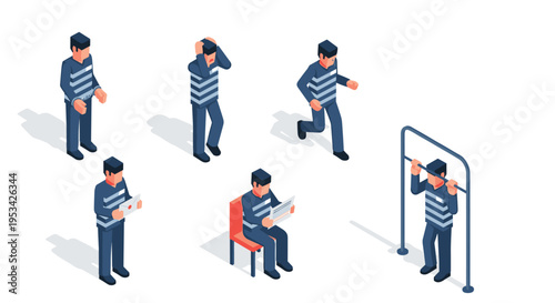Isometric characters of prisoners in striped uniforms engaged in activities like reading, exercise, and being handcuffed in a jail setting.